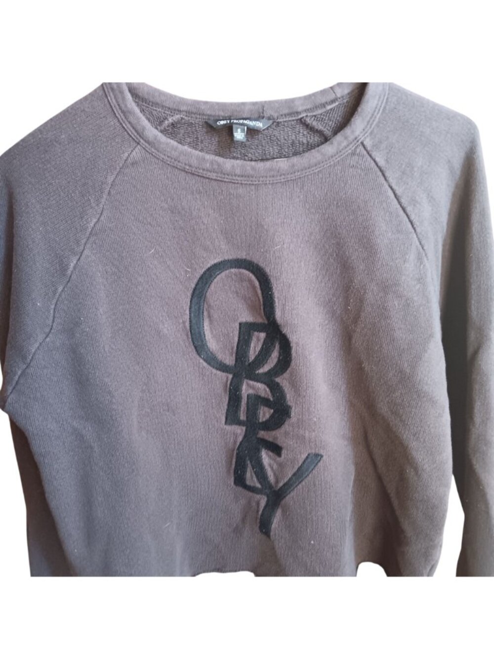 Small Obey Propaganda Womens Gray Cropped Sweatshirt Distressed Hem Jersey Knit